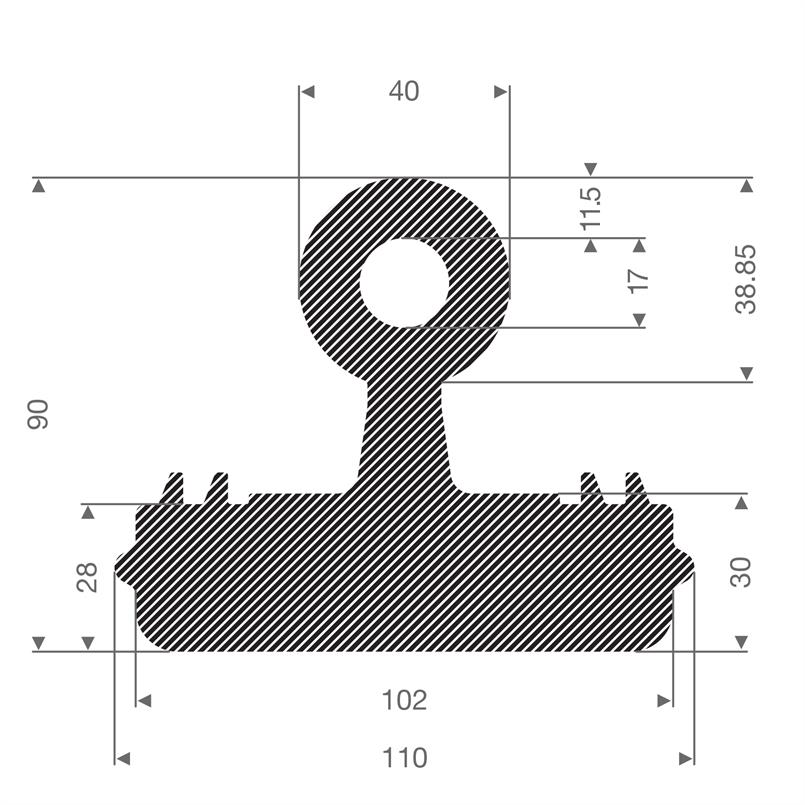 Mosrubber dilatatie T-profiel BxH=110x90mm (L=10,5m)