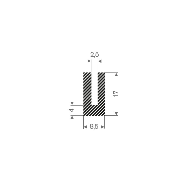 Mosrubber U-profiel 2,5mm/ BxH=8,5x17mm (L=50m)