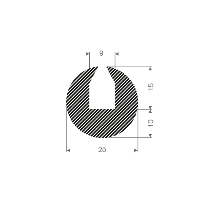 Mosrubber U-profiel 9mm / BxH=25x25mm (L=30m)