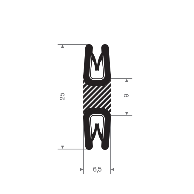 PVC kantafwerkprofiel dubbel zwart 0,5-1,5mm /BxH= 6,5x25mm (L=50m)