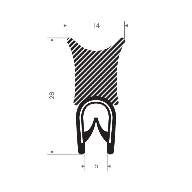 PVC/Mosrubber klemprofiel 1-4mm / BxH=14x28mm (L=50m)