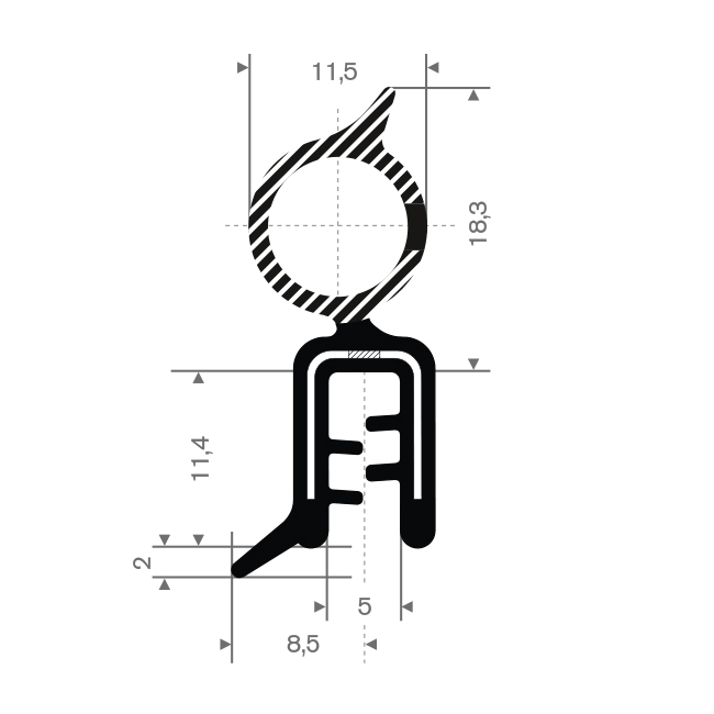 PVC/Mosrubber klemprofiel 1,5-3,5mm / BxH=11,5x31,7mm (L=25m)