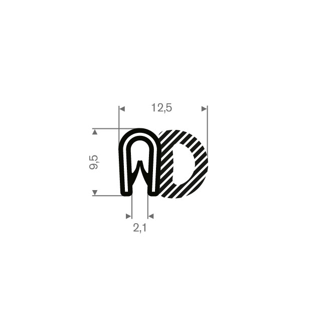 PVC/Mosrubber klemprofiel met kraal 1-2mm / BxH=12,5x9,5mm (L=50m)