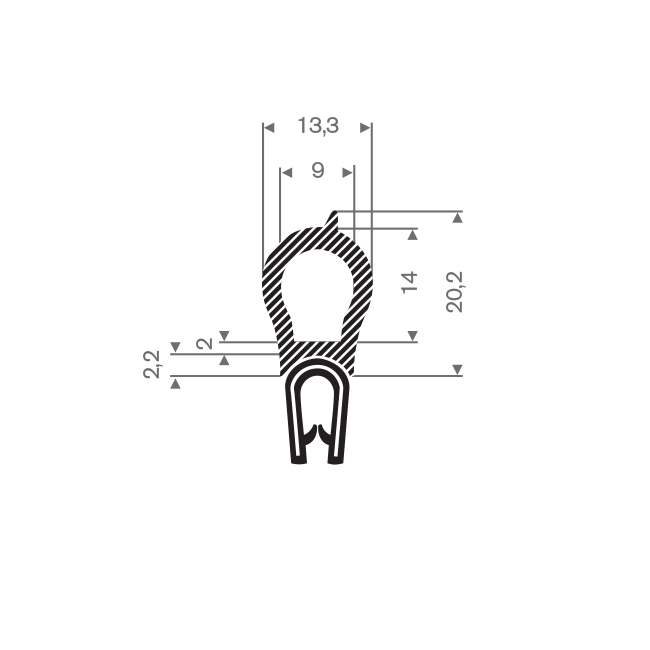 PVC/Mosrubber klemprofiel met kraal 1-3mm / BxH=13,3x30mm (L=25m)