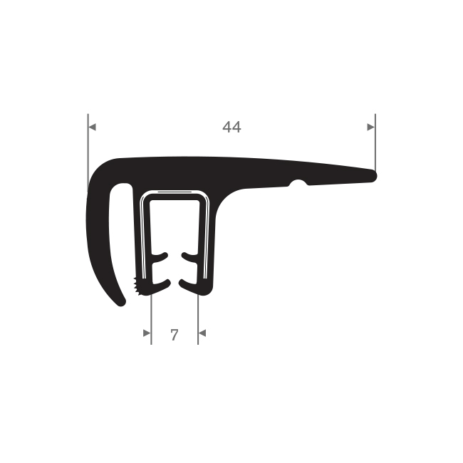 PVC/Volrubber klemprofiel met flap 7mm / B=44mm (L=25m)