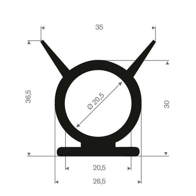 Volrubber carrosserieprofiel BxH=26,5x36,5mm (L=10m)