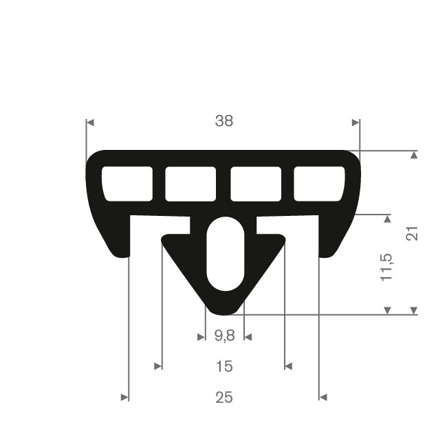 Volrubber glaswagenprofiel BxH=38x21mm (L=25m)