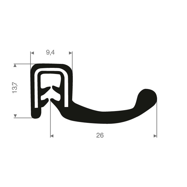 Volrubber klemprofiel 1,5-4mm / BxH=33x13,7mm (L=30m)