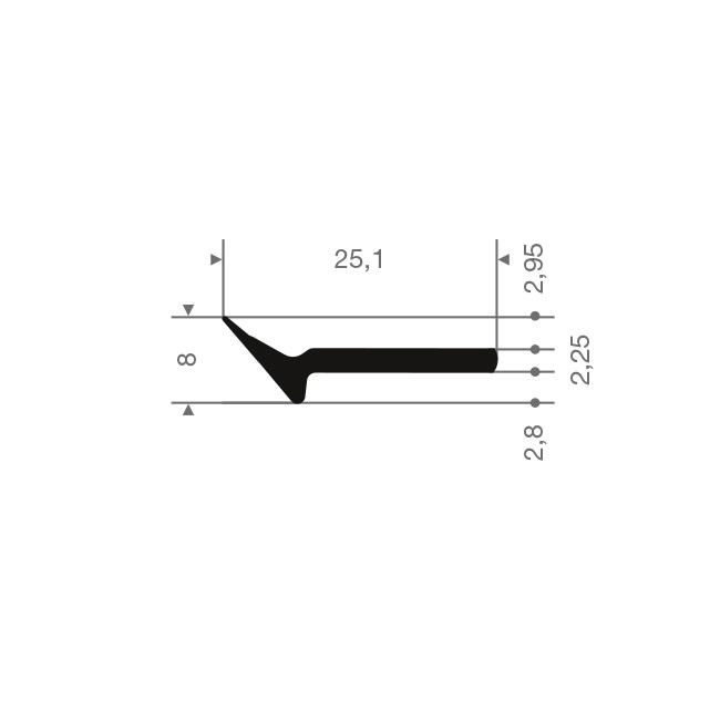 Volrubber L-profiel BxH=25x8mm (L=25m)