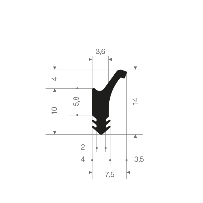 Volrubber NBR pijlprofiel BxH=14x7,5mm (L=20m)