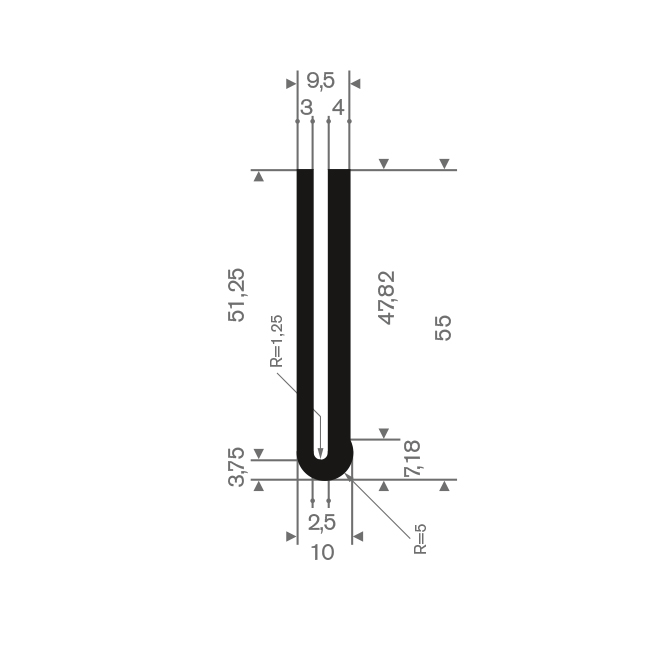 Volrubber U-profiel 2,5mm / BxH=10x55mm (L=25m)