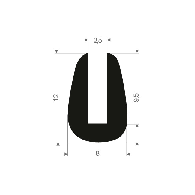 Volrubber U-profiel 2,5mm /BxH= 8x12mm (L=100m)