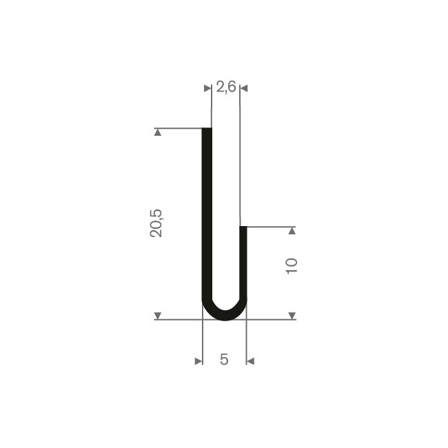 Volrubber U-profiel 2,6mm / BxH=5x20,5mm (L=50m)