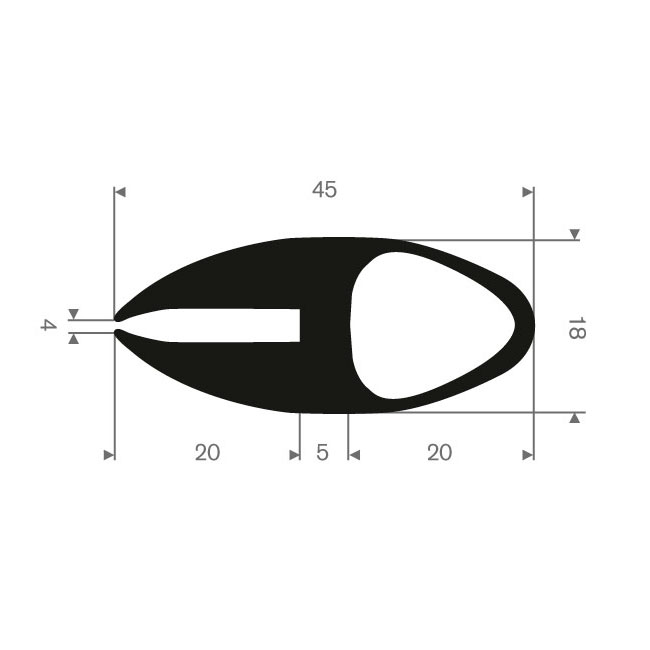 Volrubber U-profiel 4mm / BxH= 18x45mm (L=25m)