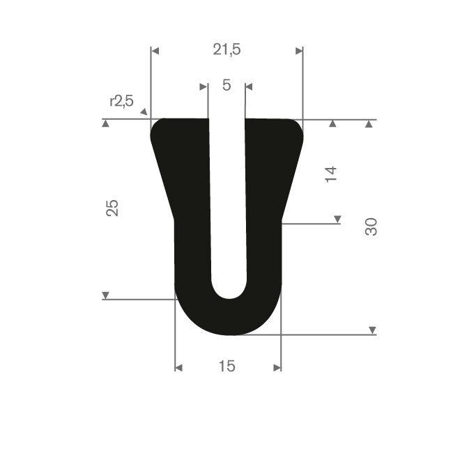 Volrubber U-profiel 5mm / BxH=21,5x30mm (L=50m)