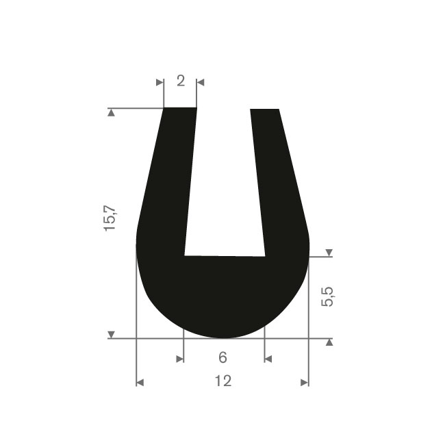 Volrubber U-profiel 6mm / BxH= 12x15,7mm (L=50m)