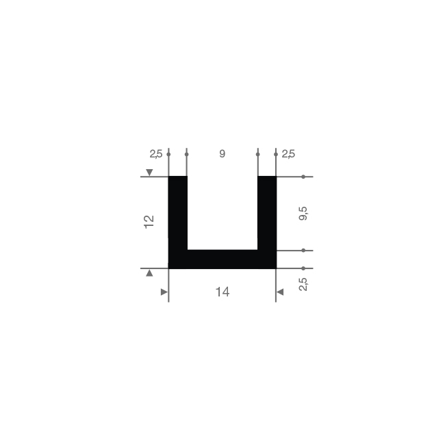 Volrubber U-profiel 9mm /BxH=14x12mm (L=50m)